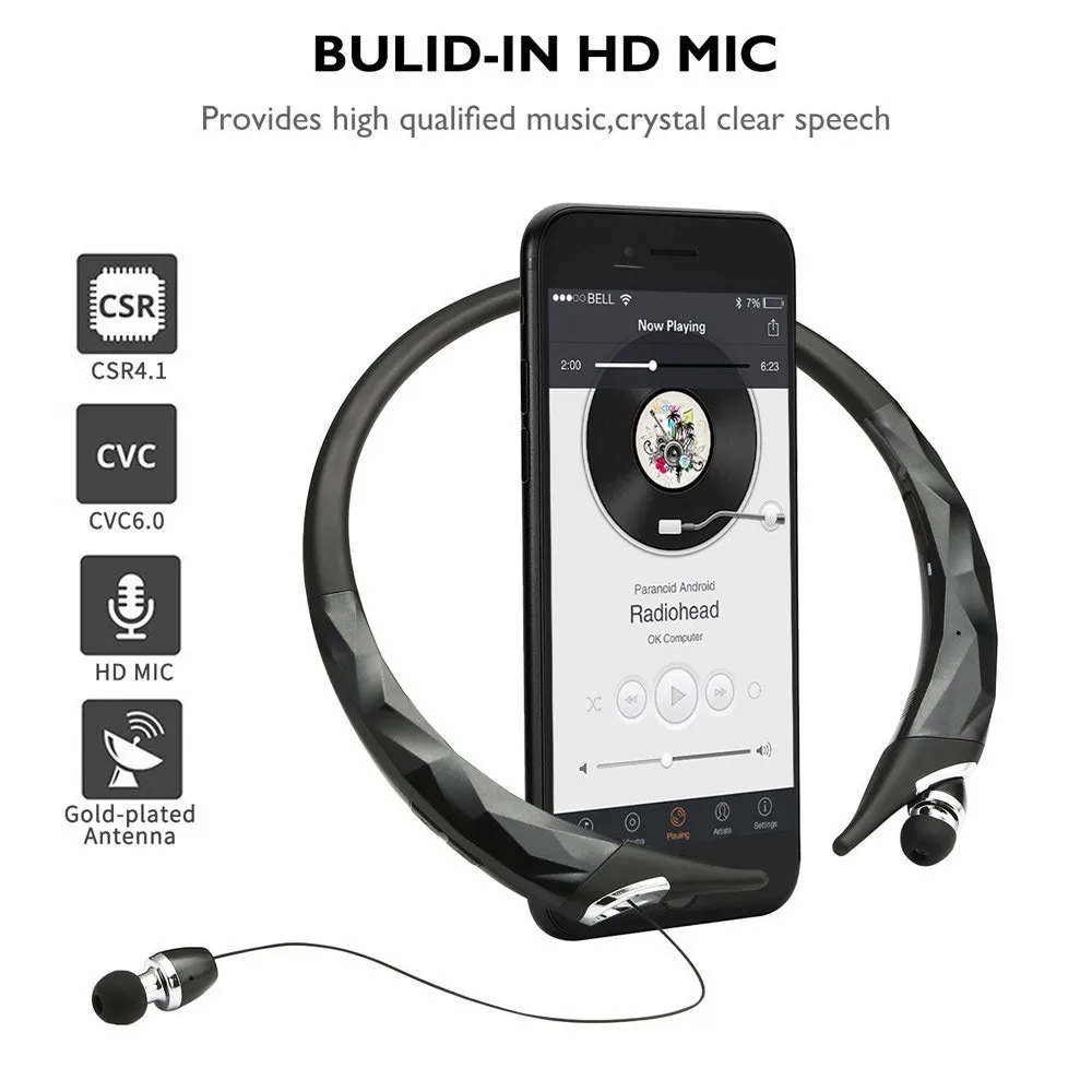 Беспроводные Bluetooth наушники гарнитура выдвижные Наушники шейные спортивные