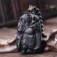 natural obsidian guan yu pendant necklace black guan gong door god god of wealth pendant with lucky chain for menwomen jewelry