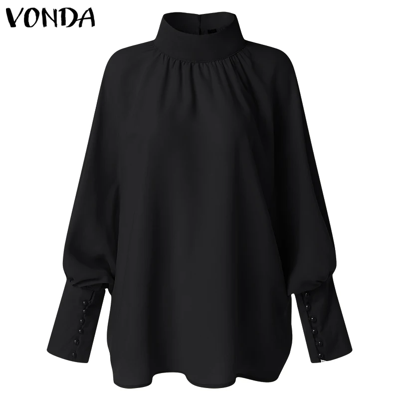 VONDA размера плюс, женская блузка,, Весенняя туника, сексуальная, с круглым вырезом, с длинным рукавом-фонариком, рубашки, повседневные, свободные, блузки, офисные, женские топы