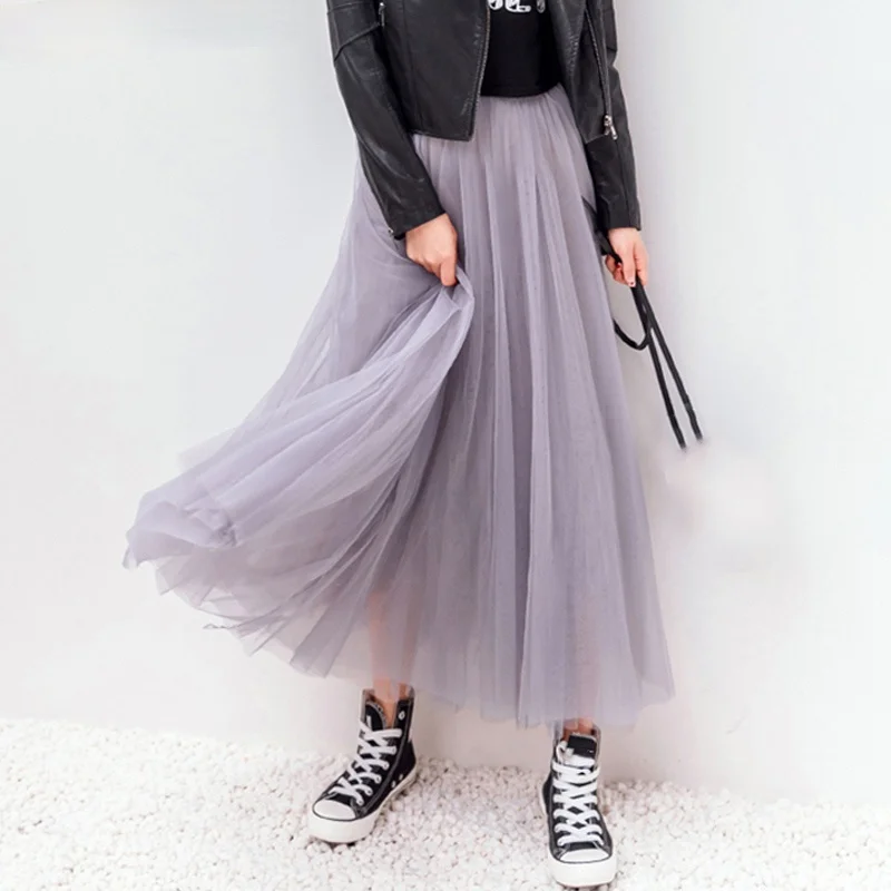 

Spring Summer Vintage Tulle Women Skirt Elastic High Waist Mesh Skirts Long Pleated Tutu Skirts Female Jupe Longue