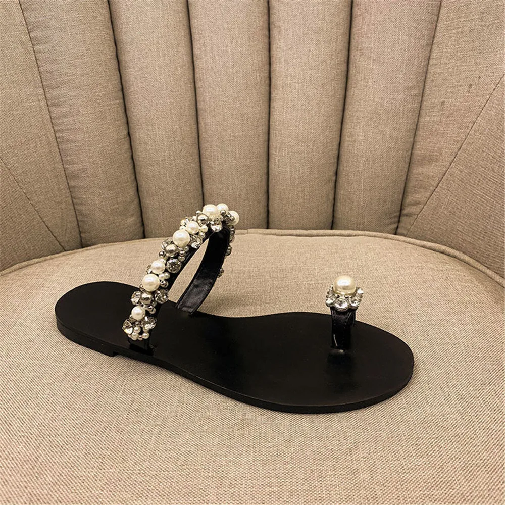

2021 Summer New Flip Flops Women Shoes With Diamond Pearls Holiday Vacation Beach Shoes Sandals Ladies Slides Slip On Slippers