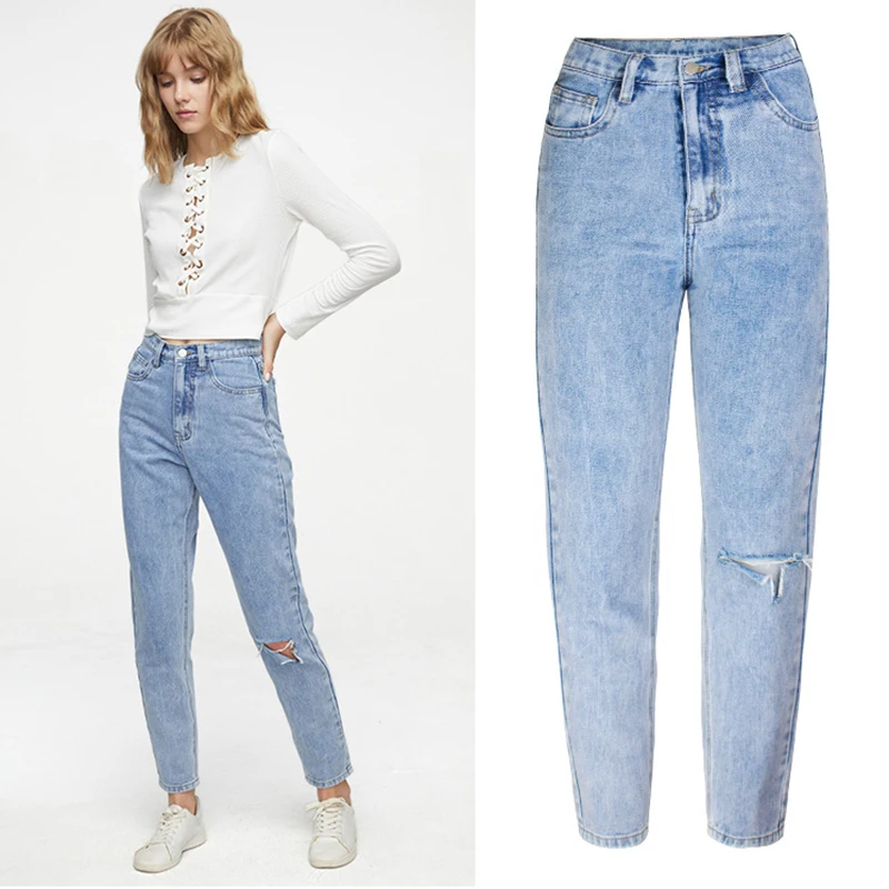 

Light Blue Baggy Straight Leg Jeans Spring Women Vintage High Waist Boyfriend Ripped Jeans Woman Casual Knee Hole Denim Trousers