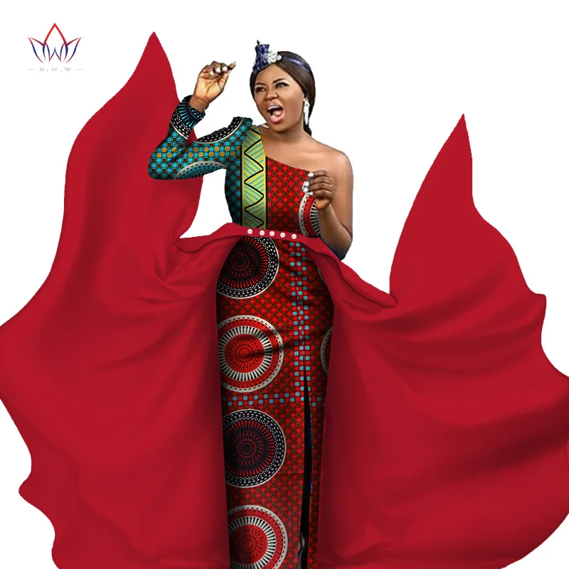 Bintarealwax Party Dresses for Women Dashiki Big pendulum Plus Size African Clothes Single Sleeve Long Dress for Lady WY3204