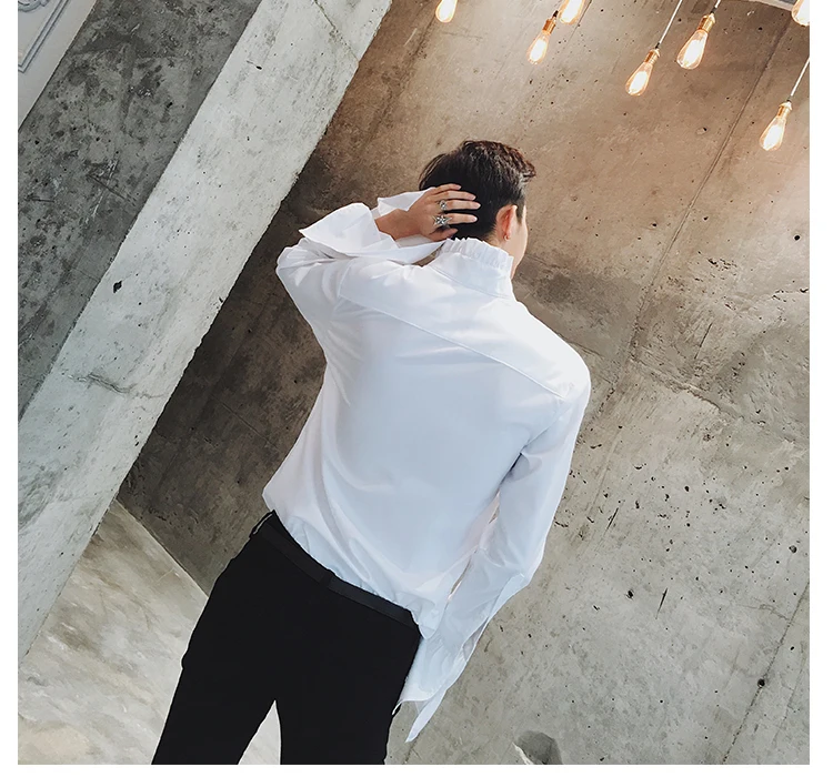

Autumn fashion england style vinatge black white long sleeve men shirt ruffle design nightclub singer stage costume camisa