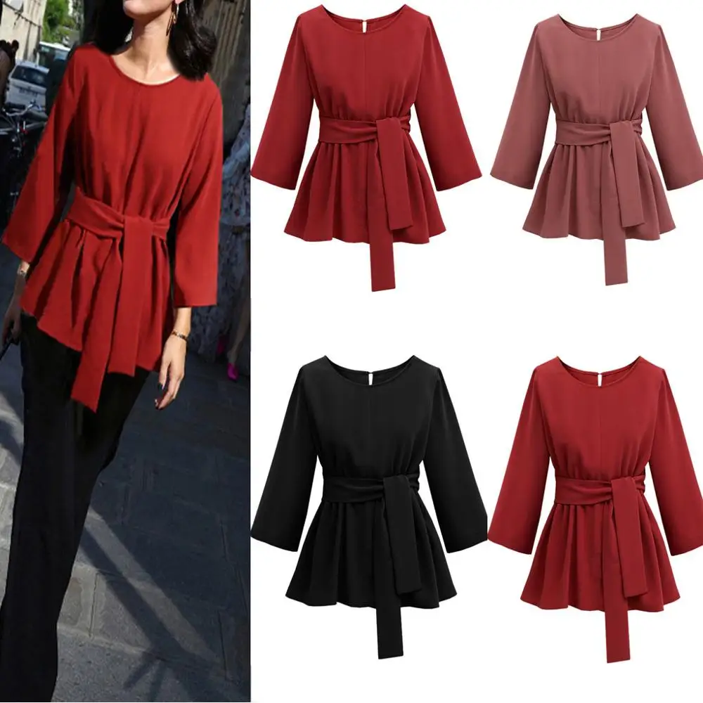 Женская блузка топы плюс размер круглый вырез длинный рукав ремень свободная