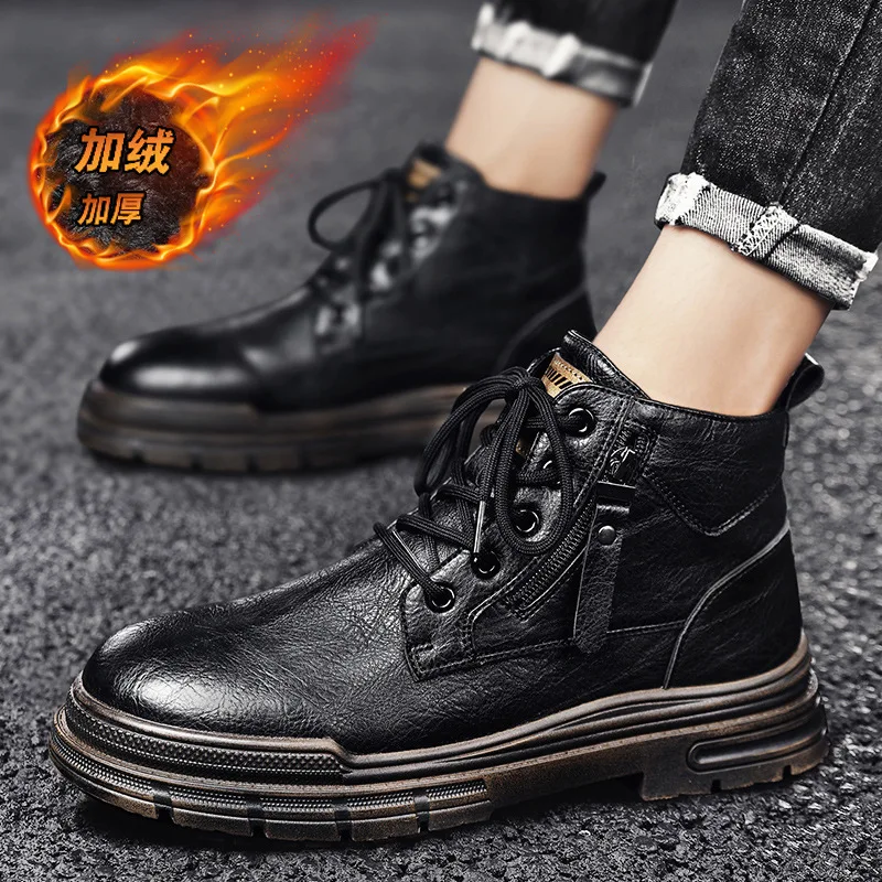 

Winter men's boots, black, warm, men's shoes, fleece, high lace-up, England overalls, Martin boots, cotton shoes