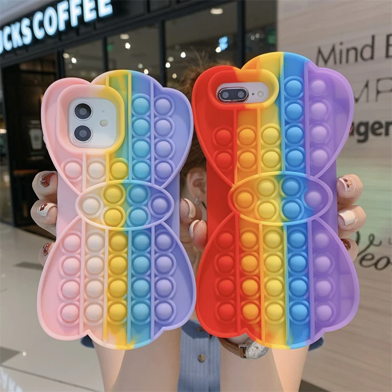

Bow Fidget Toys Bubble Phone Case For iPhone 11 12 Pro Max XR X XS 6 6S 7 8 Plus Release Stress rainbow silicone Cover Cases