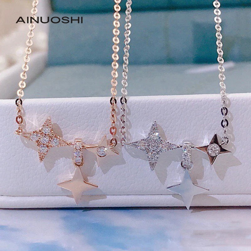 

AINUOSHI 18K Gold Real Round Cut Diamond Stars Necklace Anniversary for Women Girlfriend Wite Gift Exquisite Jewelry 18''
