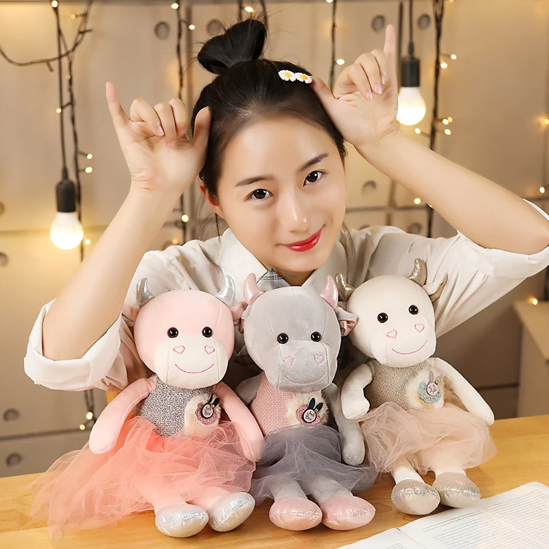 Hot Sale Kawaii Lovely Dressing Cloth Animal Milk Cow Dolls Ballet Cattle Plush Toy Stuffed Soft Baby Finger Toys Birthday Gifts | Игрушки и