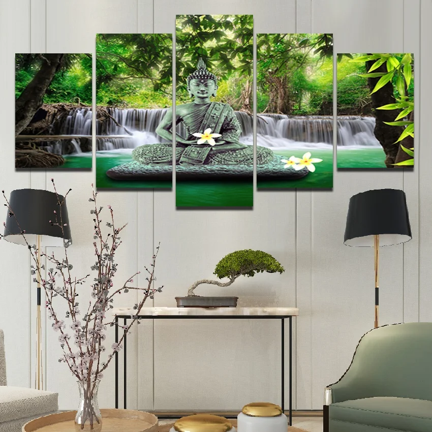 

Buddha Statue Canvas Painting Photo Beautiful Scenery Flowing Water Posters 5Pcs Hd Prints Wall Art Pictures Living Room Decor