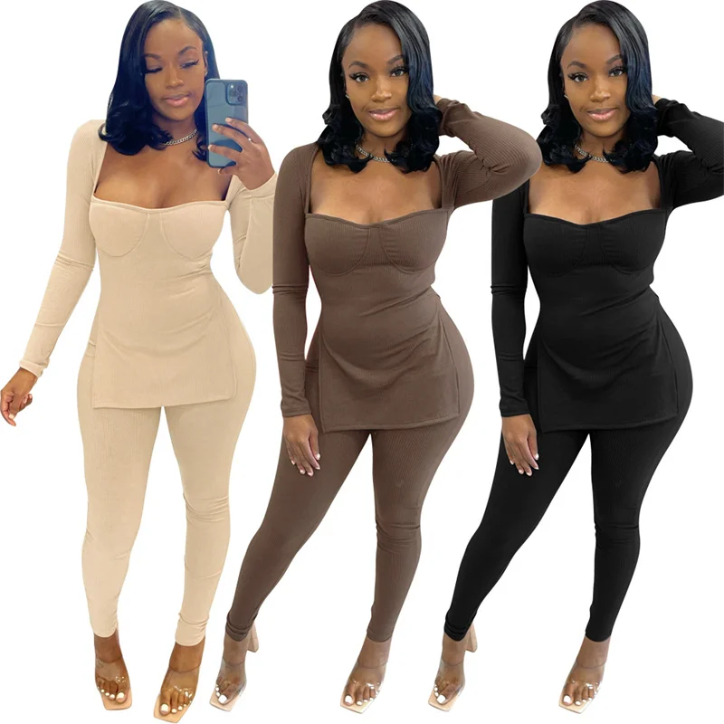 

Женский трикотажный комплект из 2 предметов, повседневный Топ с длинным рукавом, однотонный эластичный Топ-труба, облегающие брюки, одежда с...