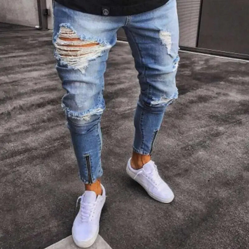 

Men's Ripped Skinny Denim Jeans Long Pants Trousers Zipper Faded Washed Frayed