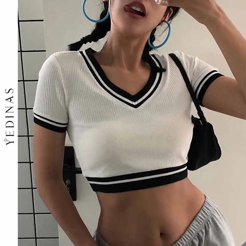 Yedinas Sexy Deep V-neck Crop Top Patchwork Stripe Short Sleeve T Shirts Women Slim Ribbed Summer Tops Korean Style Streetwear