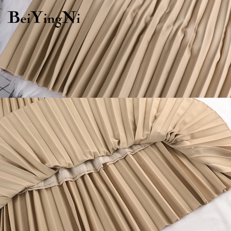 

Beiyingni Elastic High Waist Pleated Skirt for Woman Solid Metal Button Slim Leisure Harajuku Street Office Ladies Skirts Black