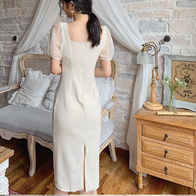 

French Style V-neck Puff Sleeve Waist Slimming Dress for Women 2021 New Slimming Dress Bridesmaid Dress Daily Style