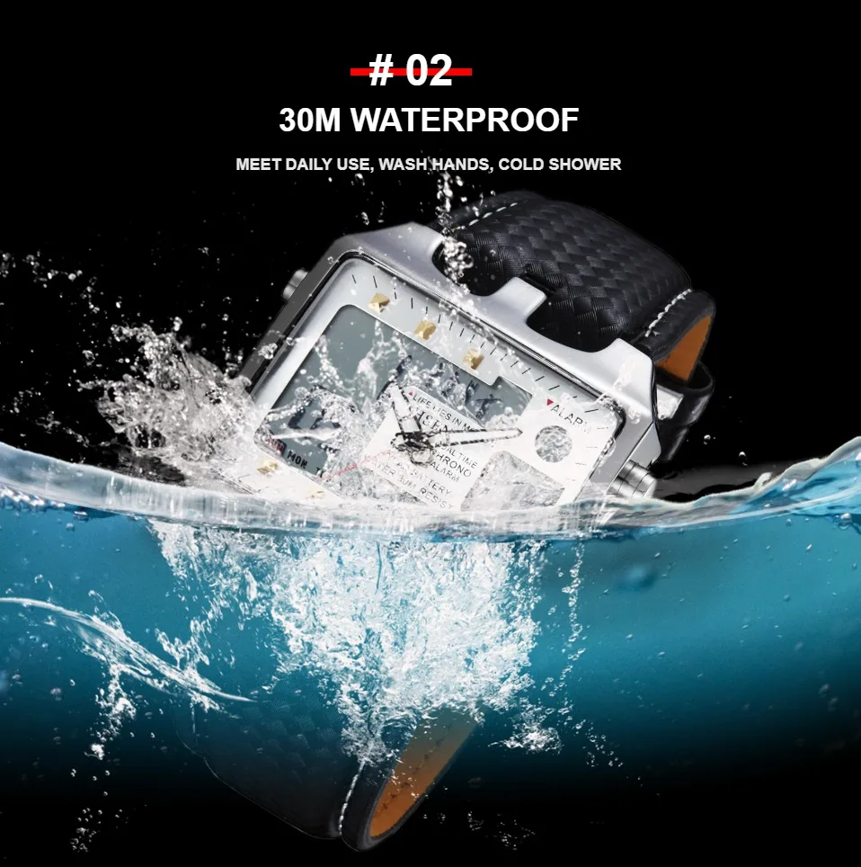 Fashion Sport Quartz Watch Men Black Rectangel Dial Military Digital Watches Dual Time 5 Bar Waterproof  Clock Relogio Masculino