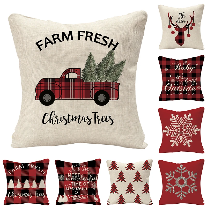 

Merry Christmas Cushion Cover Elks Tree Truck Snowflake Linen Pillow Cover Decorative Pillows Home Decoration Throw Pillowcase