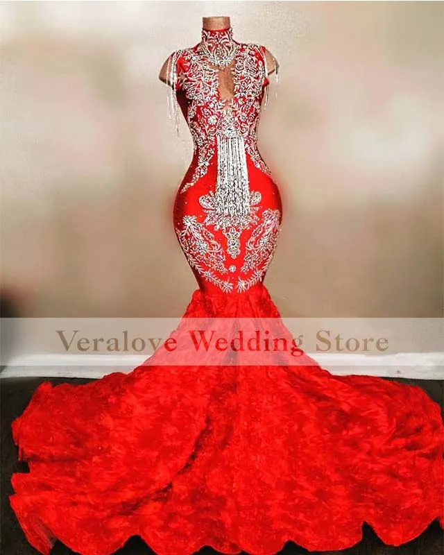 

High Neck Mermaid Prom Dress for Party Red Beads Appliques Robes De Soiree Longue Night Gown Abendkleider 2022