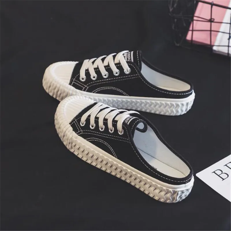 

New ladies half-drag fashion fabric lace-up shallow mouth thick-bottomed non-slip light and versatile casual women half-drag