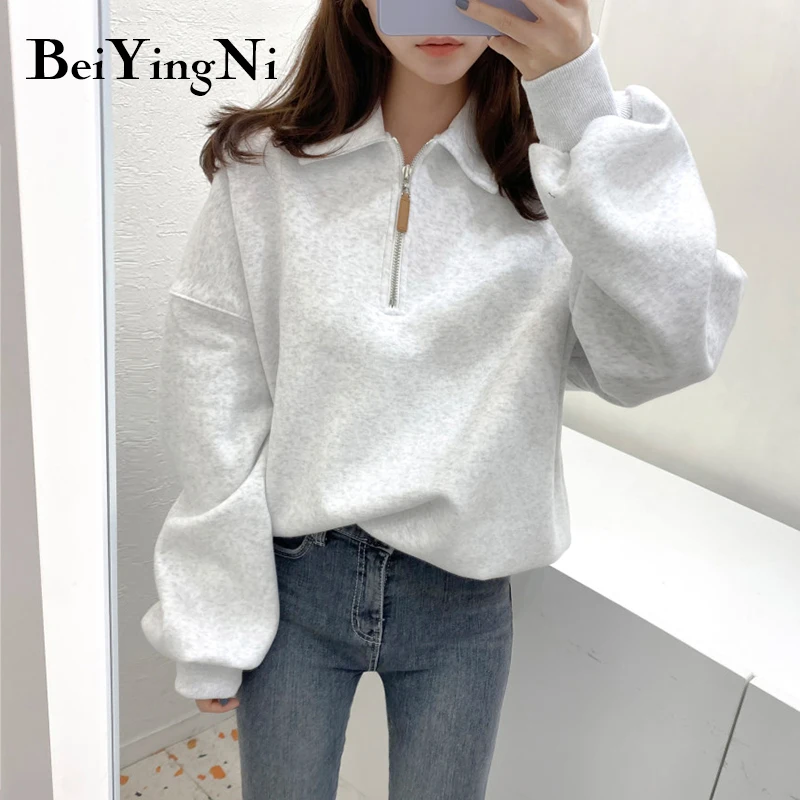 

Beiyingni Autumn Winter Oversized Sweatshirt Women Solid Color Fleece Thick Korean Hoody Female Loose Zipper Hoodies Coats Girls