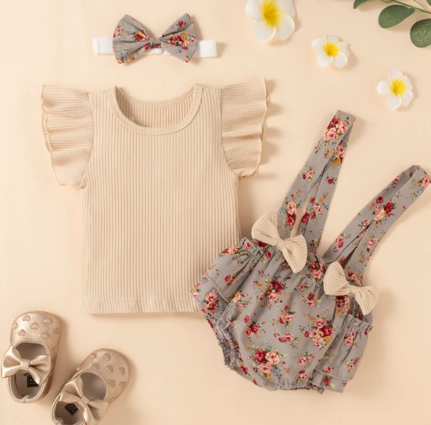 

Kids Suit Set, Solid Color O-Neck Short Sleeve Tops+ Sunflower Print Suspender Shorts+ Hairband for Girls, 0-24 Months