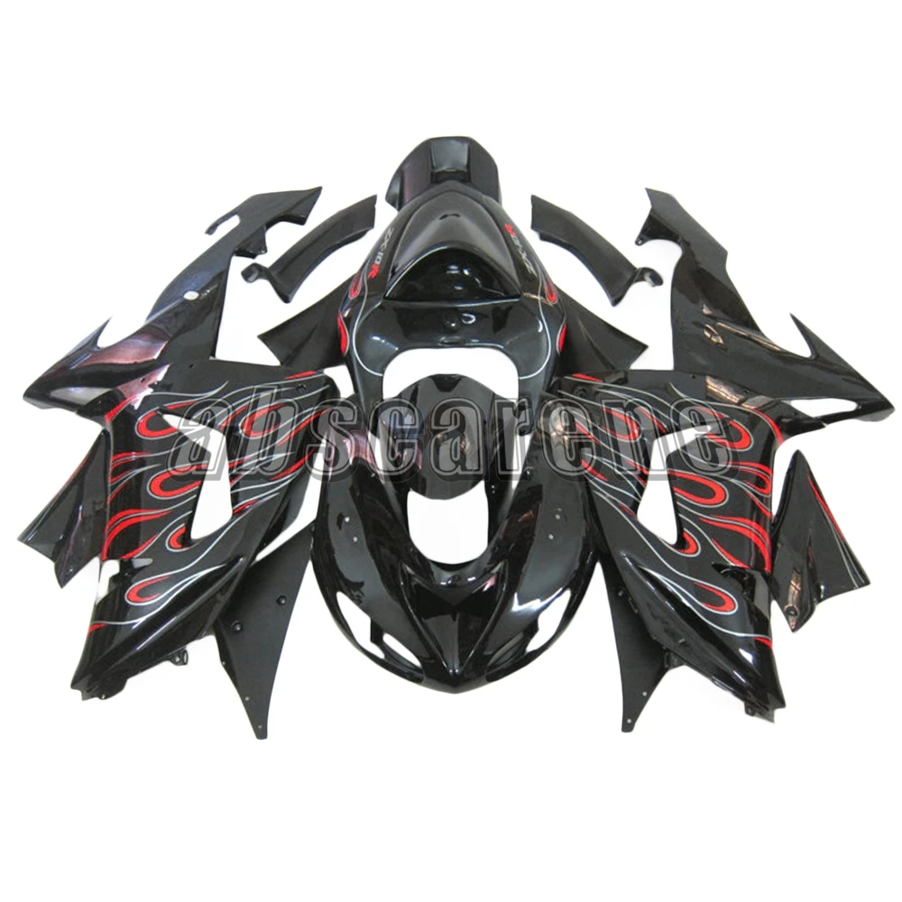 АБС пластиковый комплект полной обшивки для Kawasaki ZX10R 2006 2007 zx-10r 06 07 Инжекционный мотоцикл Кузов черный с красными пламенами.