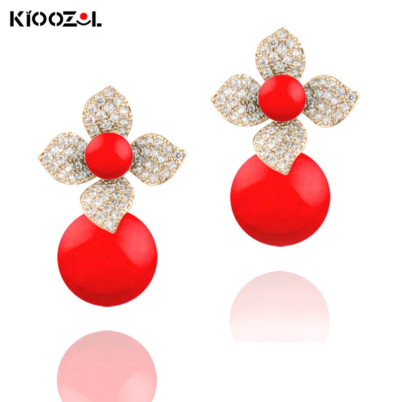 

KIOOZOL Double Red Color Pearl with Micro Inlaid Cubic Zirconia Flower Drop Earrings For Women Fashion Jewelry 2021 New 333 KO2