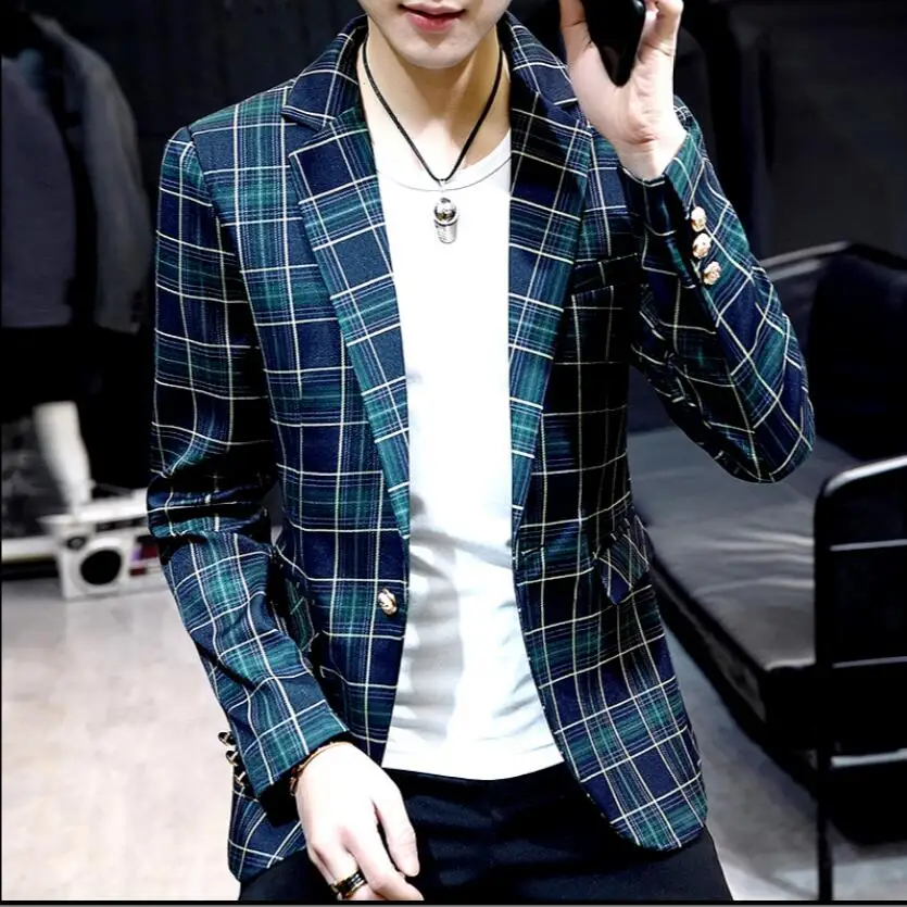 Мужской Клетчатый небольшой костюм куртка с длинным рукавом Корейская версия