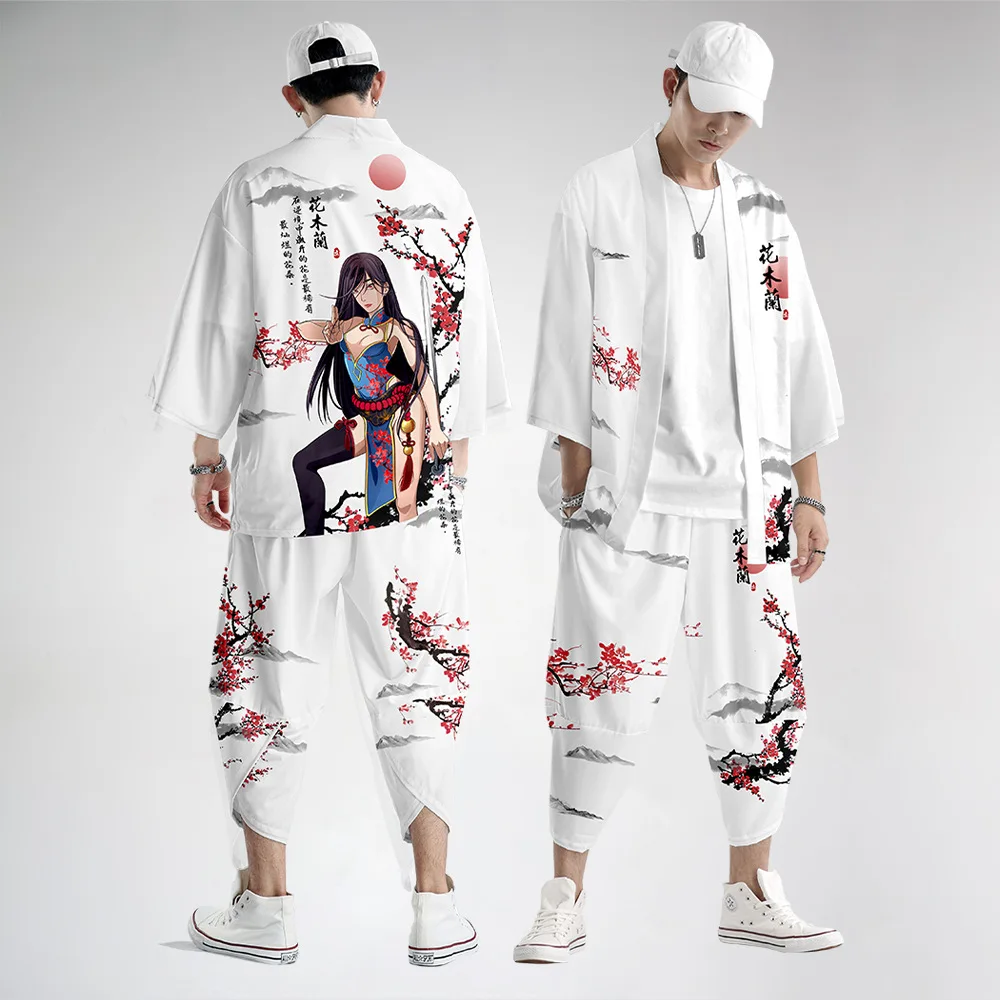 

Summer Men White Print Jacket And Pant Suit Tops Kimono Japan Streetwear Cardigan Harajuku Robe Japanese Style Clothes