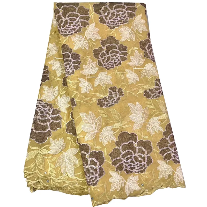 

(5yards/pc) Newest gold African cotton lace very beautiful flowers embroidered Swiss voile lace fabric for party dress CLS336