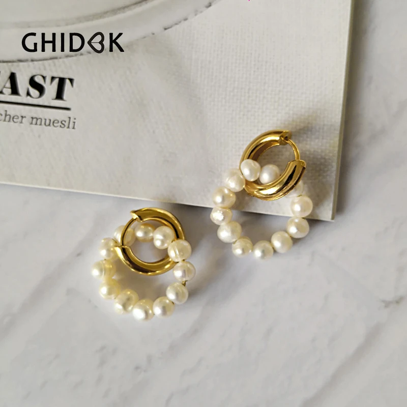 GHIDBK Baroque Freshwater Pearls Circle Hoop Earrings Handmade Gold Dainty Double Rings Earring Minimalist Natural Pearl Hoops