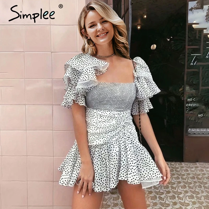Женское платье Simplee с квадратным вырезом, летние женские короткие вечерние платья бохо с оборками и пышным рукавом, ретро, хиппи в горошек