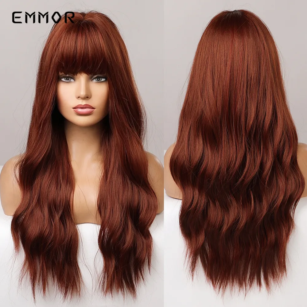 Emmor Synthetic Red Brown Wigs Natural Heat Resistant Wavy Wigs for Women Long Body Water Wave Wig with Bangs Cosplay Hair Wig