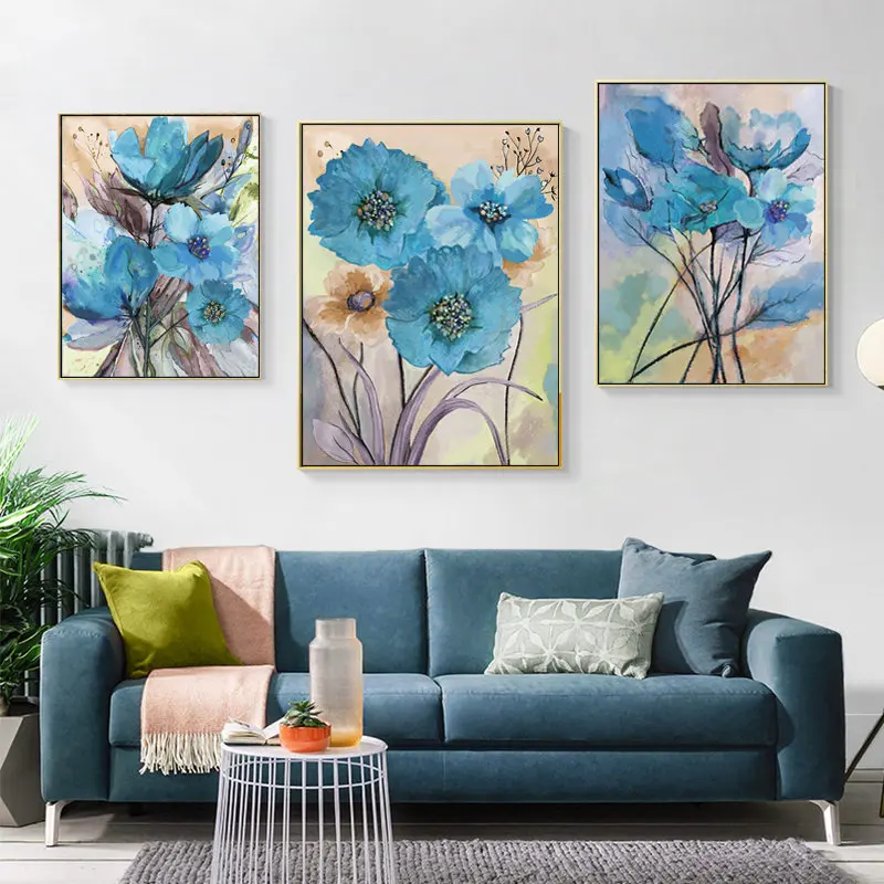 

Abstract Watercolor Flowers Plant Canvas Painting for Living Room Blue Poster Nordic Modern Wall Art Pictures Interior Decor