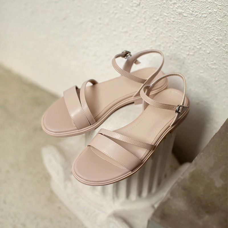 

Low Heels Open Toe Women's Sandals Casual Summer Genuine Leather Narrow Band Shoes Fashion All-match Buckle Female Beach shoes