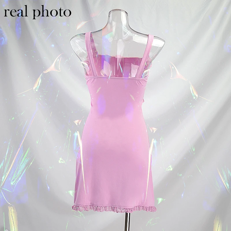 

ALLNeon Kawaii Spaghetti Strap Ruched Front Party Dresses with Lace E-girl Hollow Out Waist A-line Mini Dress Sweet Summer Pink