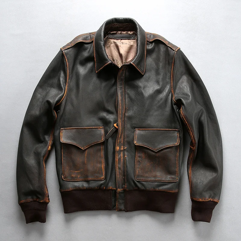 

America air force A2 flight jacket men vintage genuine leather jacket men goat skin bomber jacket male stylish pilot coat brown