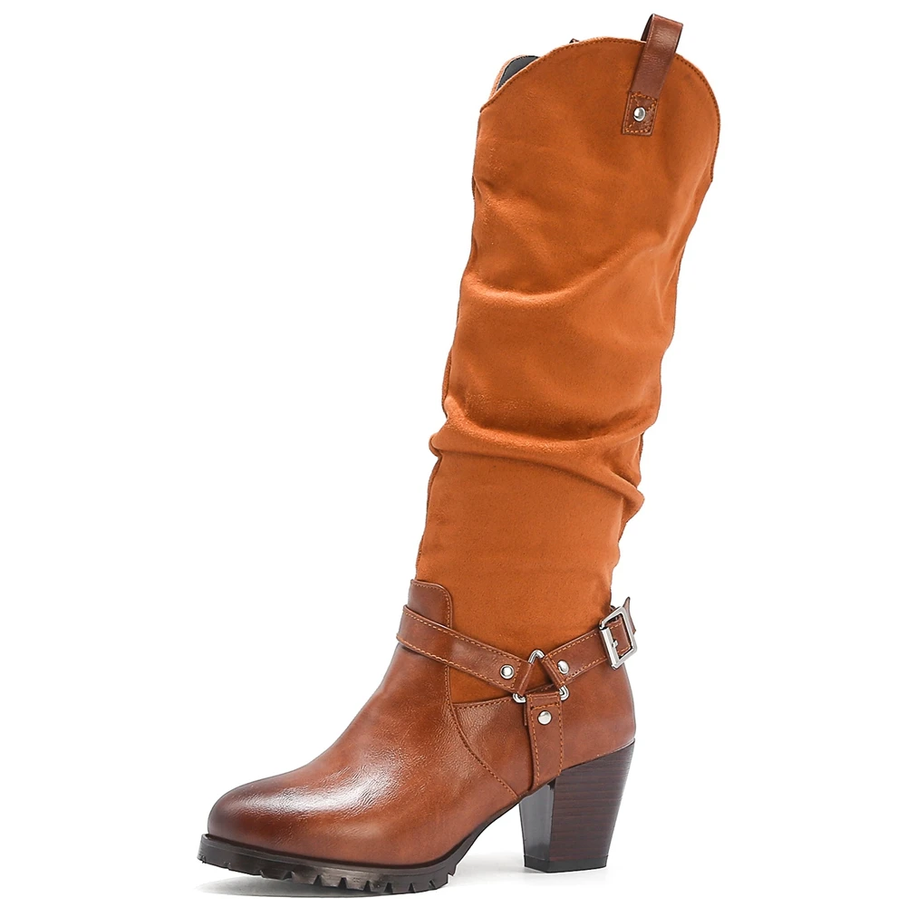 SARAIRIS Big Size 48 Top Quality Chunky Heels Retro Vintage Belt Buckle Slip On Winter Shoes Women Western Boots Female | Обувь