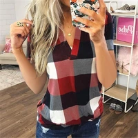 cinessd women plaid tops tee shirts v neck short sleeve 2020 blue casual office lady spring summer thin spliced pullover t shirt