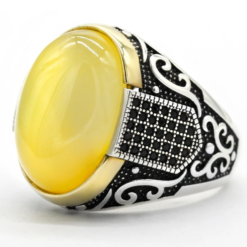 

Natural Yellow Agate Ring for Men 925 Sterling Silver Vintage Carved Design with Black CZ Punk Rock Male Rings Turkish Jewelry