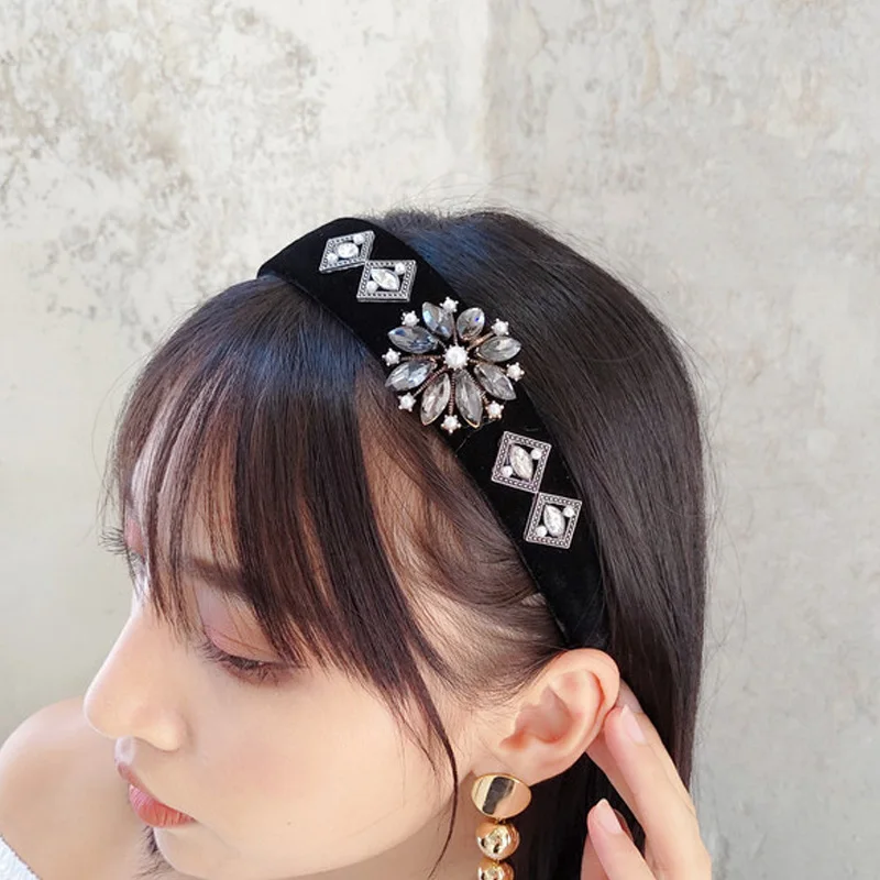 Новый дизайн ободок для волос с кристаллами и цветами черный бархатные ободки