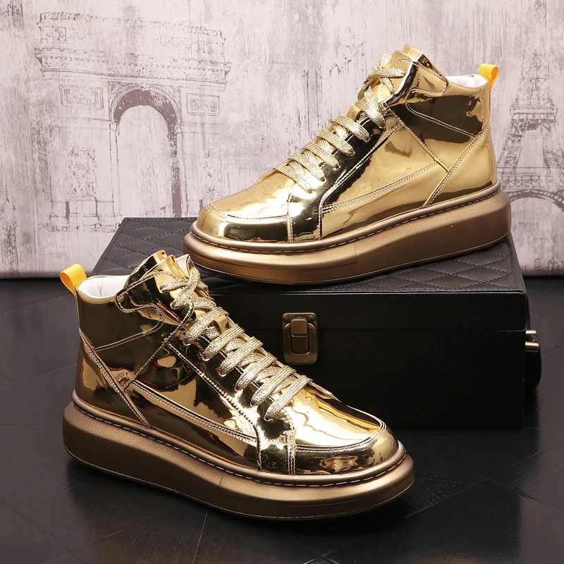 

High Tops Charm Glossy Gold Silver Shoes For Men Flats Designer Punk Rock Loafers Walking Out Of Office Sneakers Zapatos Hombre