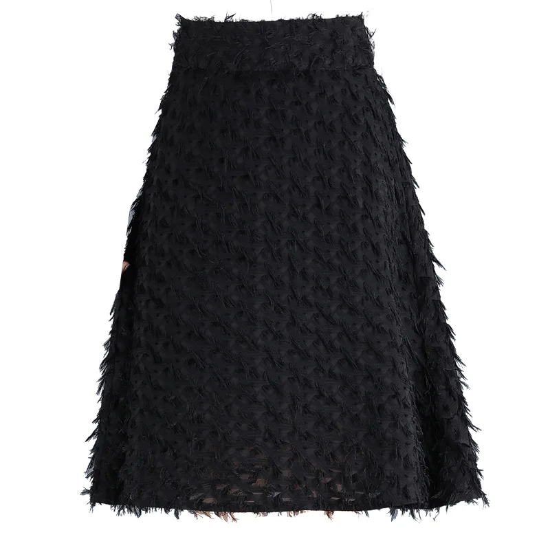 

Women Elastic High Waist Tassels Black A-line Mid-long Skirt Office Lady Elegant Chic Plus Size Knee-Length Skirts Spring Autumn