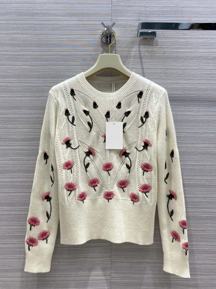 

Floral Embroidered Cashmere Sweater Shirt 2020 Autumn High-end Brand Women Casual Sweaters Niche Hollow Out Top Shirts