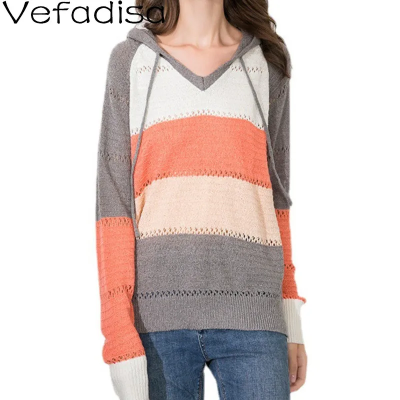 

Vefadisa Fashion Stitching Color Women Sweater 2021 Autumn Spliced Hooded Female Knitwear Striped Pullover Knitted Coat QYF6200