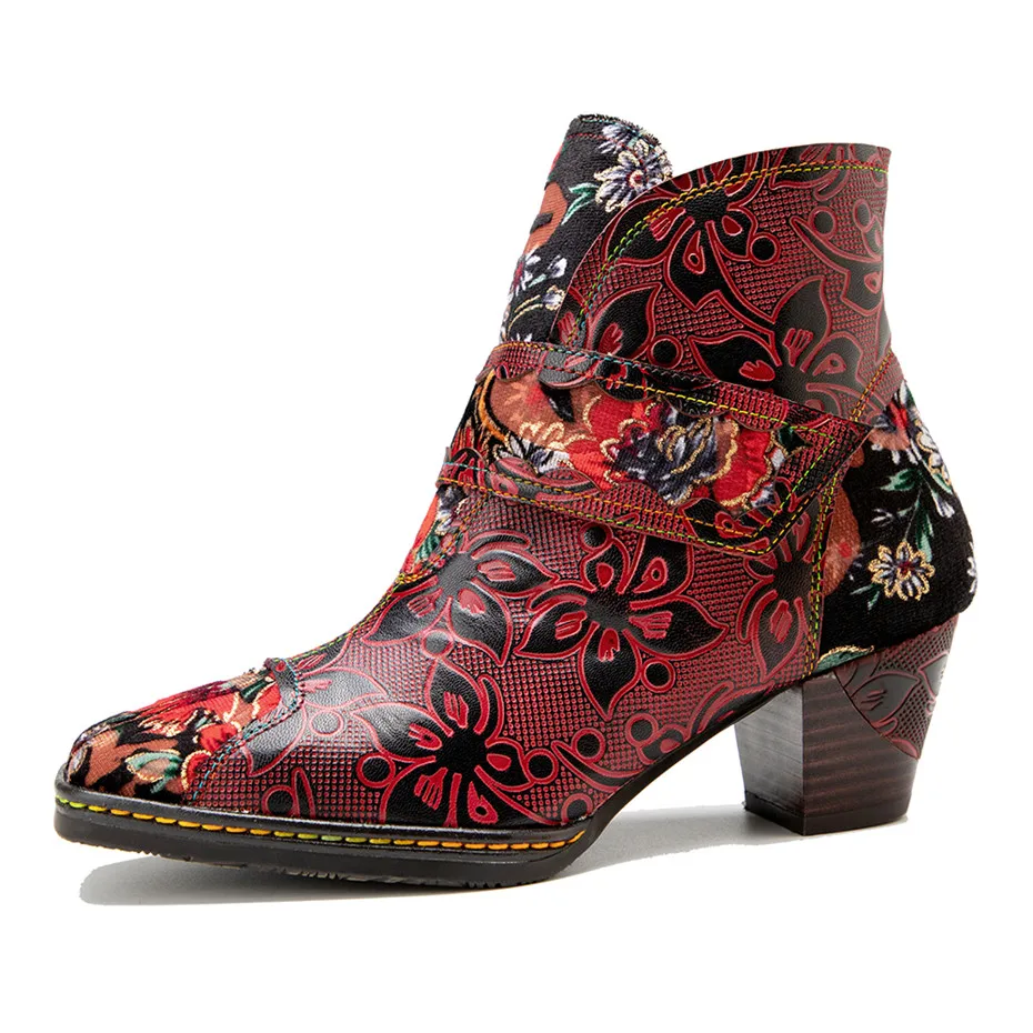 

French Hand-Printed Design High Thick Heels Boots Shoes For Woman Vintage Genuine Leather Side Zipper Women's Ankle Boots Shoes