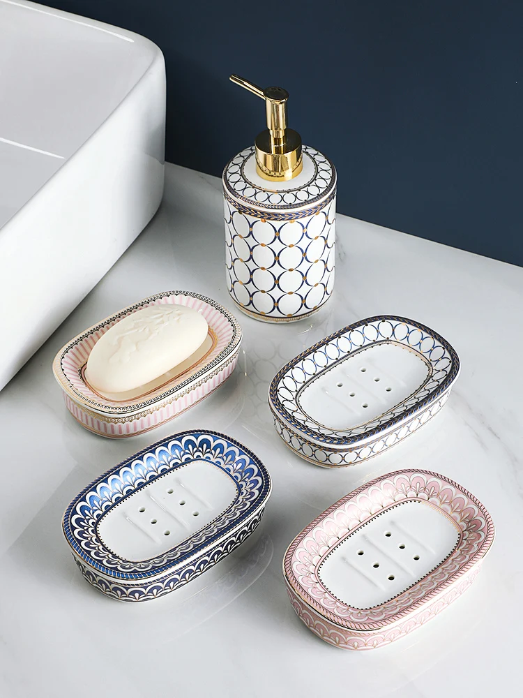 

Nordic Bathroom Accessories Gold Inlay Double Layer Soap Holder Ceramic Soap Drainer Soap Storage Dish With Drain Porte Savon