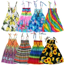 Summer Girls Floral Dress Sling Ruffles Bohemian Beach Princess Dresses for Girl Clothing  2 6 8 12 Years With Necklace Gift