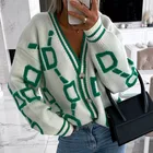 Женский вязаный кардиган с V-образным вырезом, модный Дамский кардиган, свитер с длинным рукавом, плотный теплый свободный трикотажный жакет, повседневная одежда, 2021