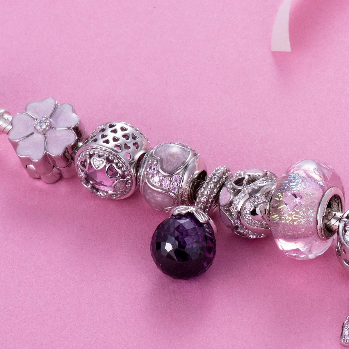 Подвеска для браслета из серебра 925 пробы в виде розового жемчужного сердца с